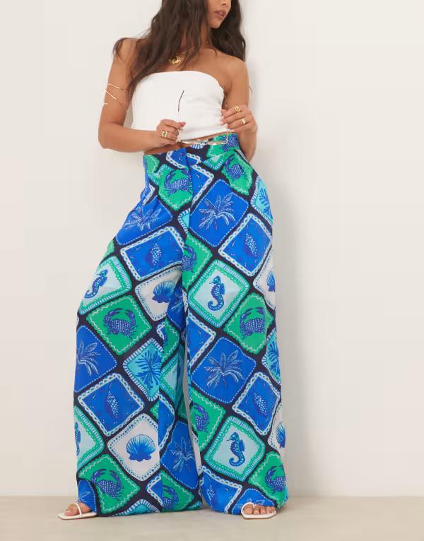 ホープ&アイビー レディース ボトムス カジュアルパンツ ハイウエスト プリント パンツ Hope & Ivy high waist palazzo pants shell print Blue ブルー