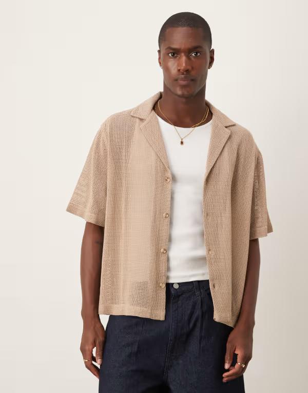 エイソス メンズ トップス シャツ ASOS DESIGN boxy deep camp textured shirt in stone STONE ストーン