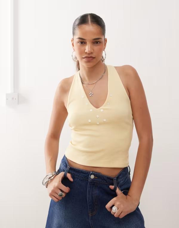コルージョン レディース トップス シャツ ホルター COLLUSION halter neck buttermilk top with pearl style buttons Buttermilk パール