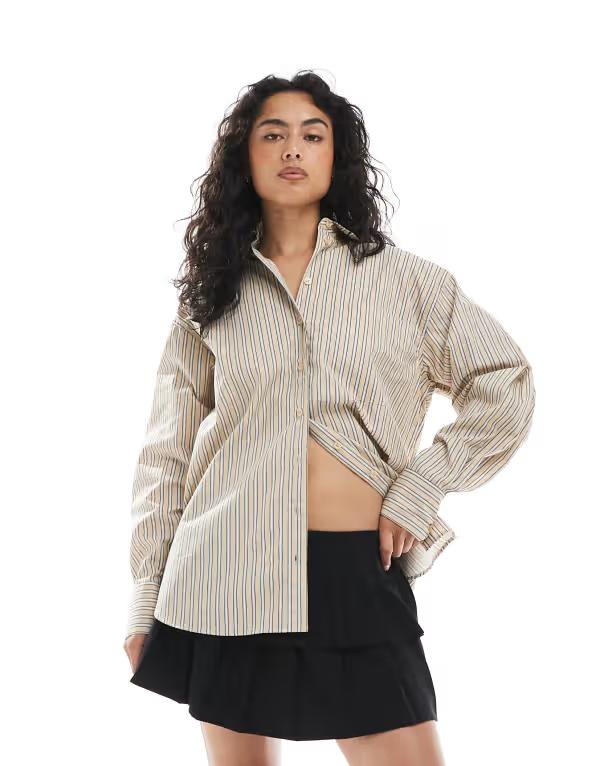 エイソス レディース トップス シャツ ASOS DESIGN oversized shirt in stone stripes Stone stripe ストーン｜ReVida 店