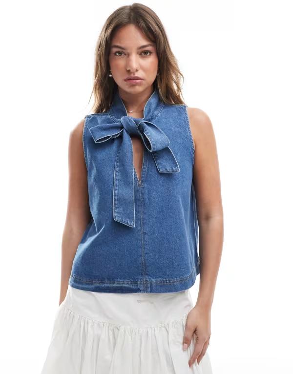 エイソス レディース トップス シャツ A ライン デニム ASOS DESIGN A-line denim top with bow tie neck Blue ブルー