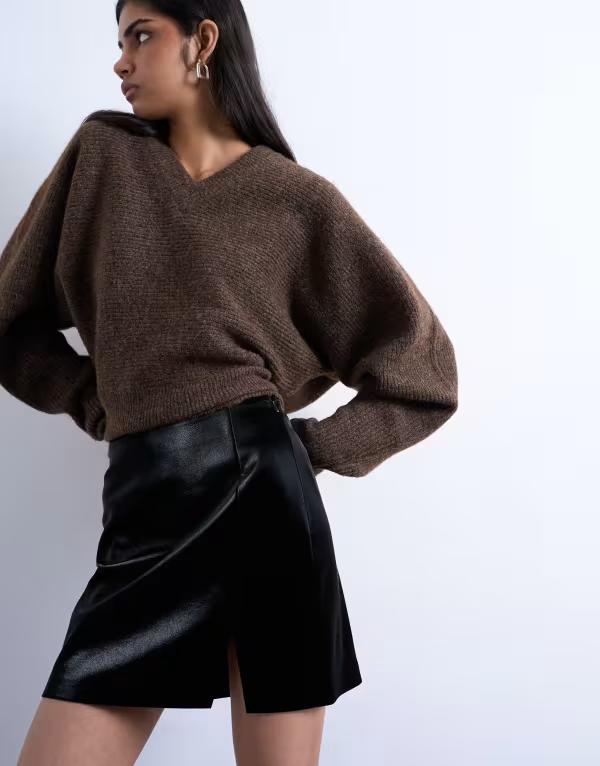 トップショップ レディース ボトムス スカート ミニ レザー フェイクレザー Topshop faux leather textured mini pelmet skirt Black ブラック