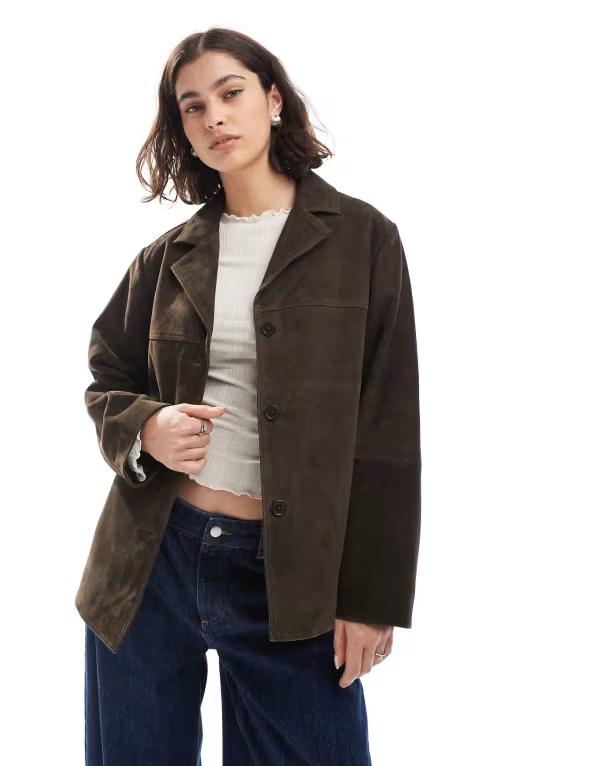 エイソス レディース アウター コート スエード ジャケット  DESIGN real suede 70s jacket in dark mocha Dark mocha モカ