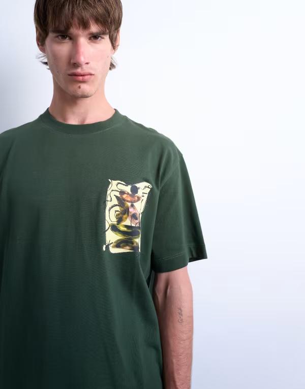 トップマン メンズ トップス Tシャツ オーバーサイズフィット プリント シャツ Topman oversized fit T-shirt with front and back watercolor shapes print in dark DARK GREEN グリーン