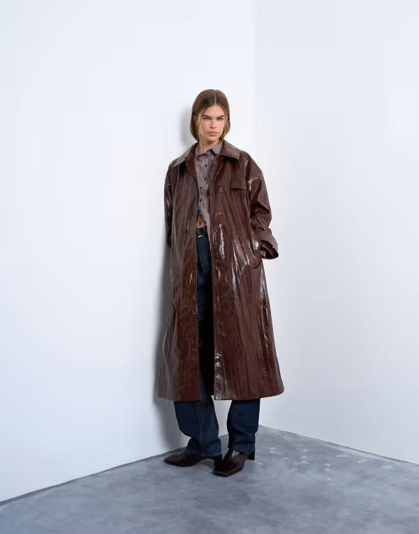 トップショップ レディース アウター コート レザー フェイクレザー Topshop faux leather high shine washed trench coat in washed Washed brown ブラウン|ReVida 店
