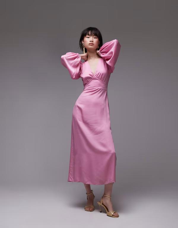 アンドアザーストーリーズ レディース トップス ワンピース ミディワンピース ミディ & Other Stories midi dress with side slits and volume sleeves PINK ピンク|ReVida 店