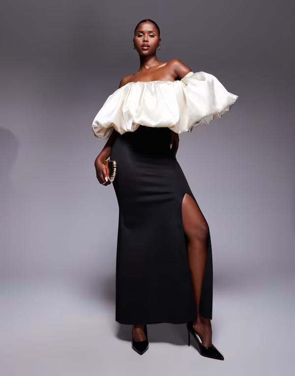 エイソス レディース トップス ワンピース マキシワンピース マキシ ASOS DESIGN off the shoulder puff bodice bodycon maxi dress and Black and white ホワイト