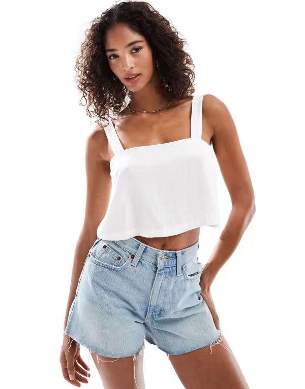 エイソス レディース トップス シャツ リネン ASOS DESIGN linen look square neck cami top White ホワイト