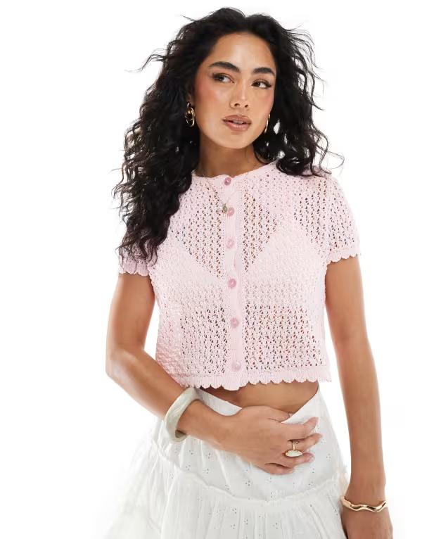 ミスセルフフリッジ レディース トップス シャツ カーディガン ニット Miss Selfridge knit pointelle short sleeve cardigan pink ピンク|ReVida 店