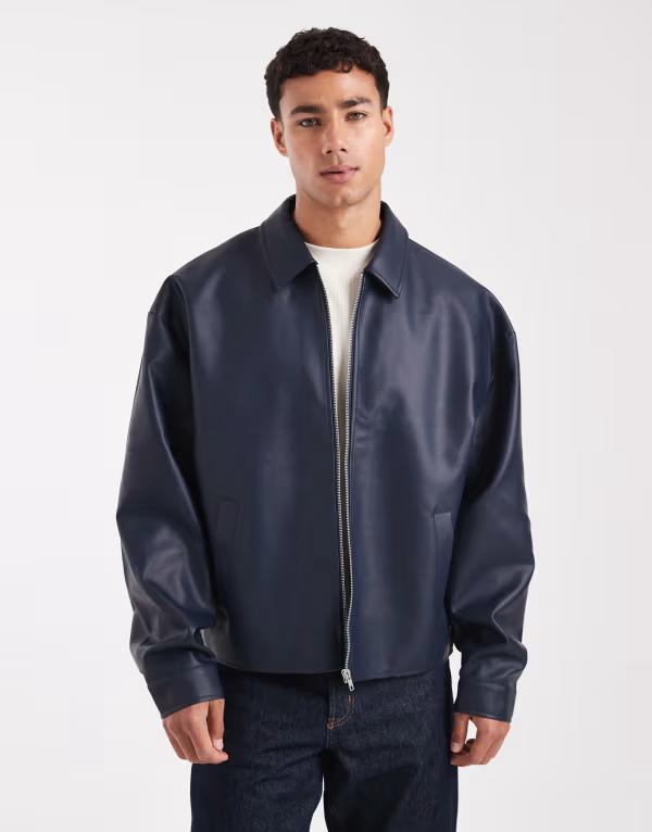 エイソス メンズ アウター ジャケット・ブルゾン レザー ジャケット ASOS DESIGN leather look jacket NAVY ネイビー