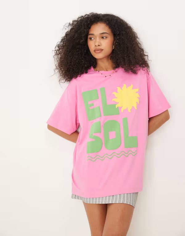 エイソス レディース トップス Tシャツ プリント シャツ ASOS DESIGN oversized T-shirt with el sol sun puff print PINK ピンク
