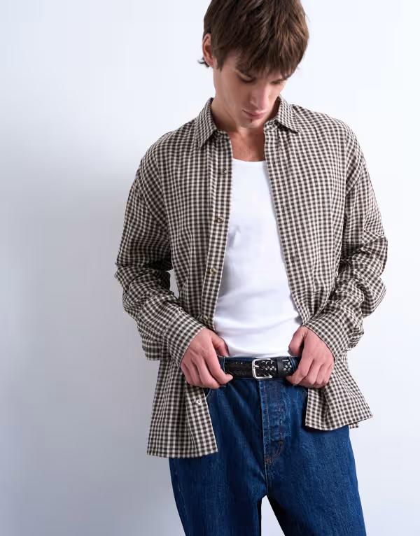 トップマン メンズ トップス シャツ レギュラーフィット ギンガムチェック ギンガム Topman regular fit textured gingham plaid shirt BROWN ブラウン