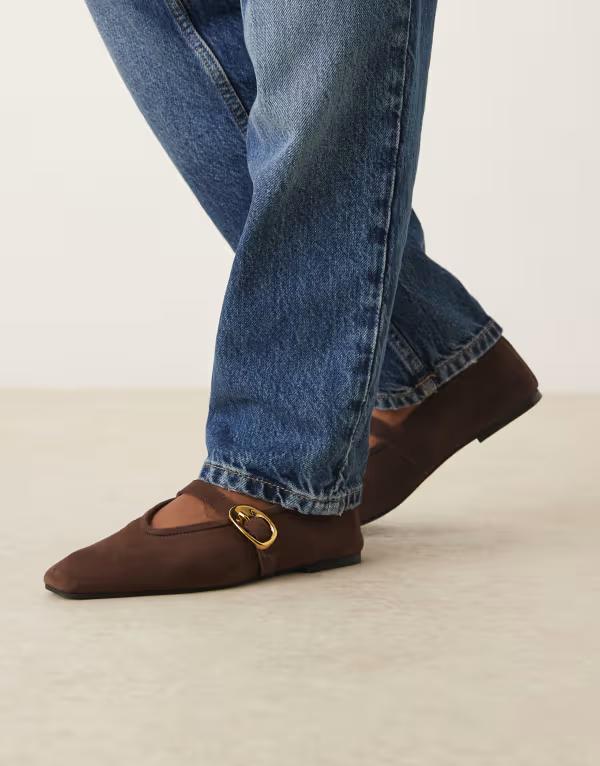 エイソス レディース シューズ パンプス スエード ASOS DESIGN Lava premium chisel toe mary jane ballet flats in chocolate suede CHOCOLATE SUEDE チョコレート｜ReVida 店