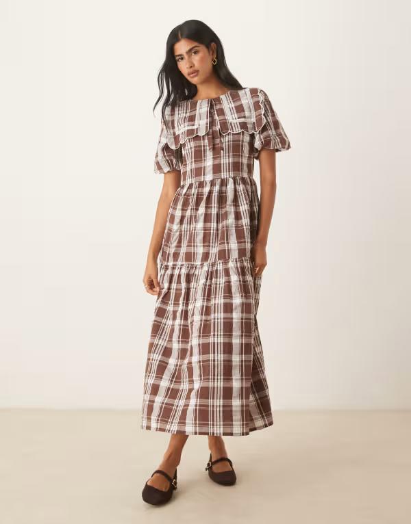ネオンローズ レディース トップス ワンピース プリント Neon Rose collar detail plaid print midaxi dress Beige check ベージュ