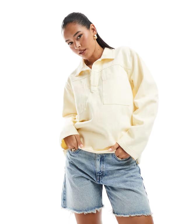 エイソス レディース トップス ティーシャツ ジーンズ ASOS DESIGN denim rugby top インチ butter yellow黄み レディースファッション-トップス