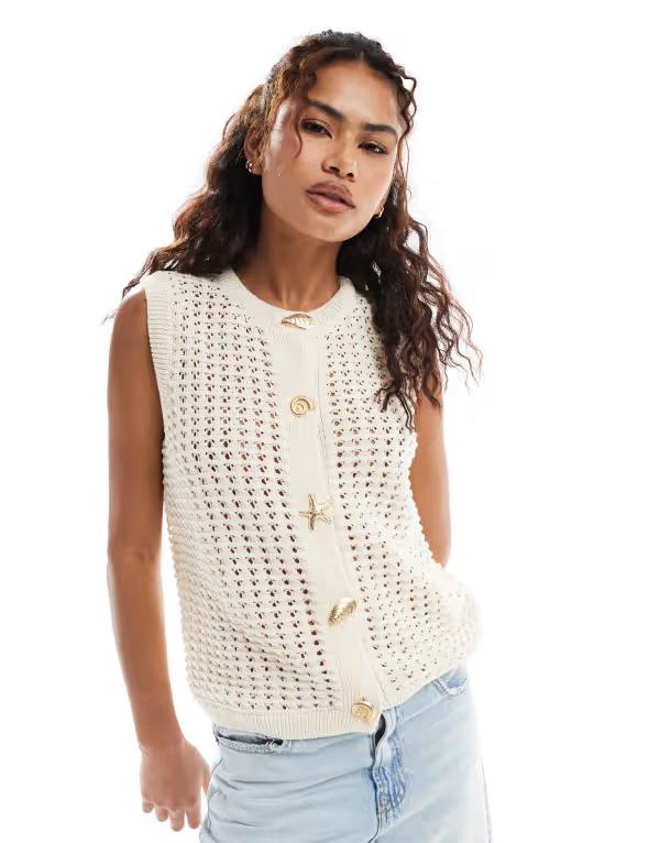エイソス レディース トップス タンクトップ ニット ASOS DESIGN crochet knit tank top with gold buttons in ecru Ecru エクリュ
