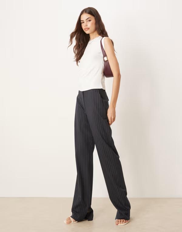 エイソス レディース ボトムス カジュアルパンツ パンツ トール ASOS DESIGN Tall tailored slim straight pants with split pinstripe Navy pinstripe ネイビー