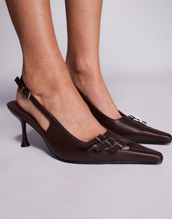 パブリックデザイア レディース シューズ 踵 Public Desire Devoted slingback heeled shoes with buckle detailing Chocolate Brown 赤銅色