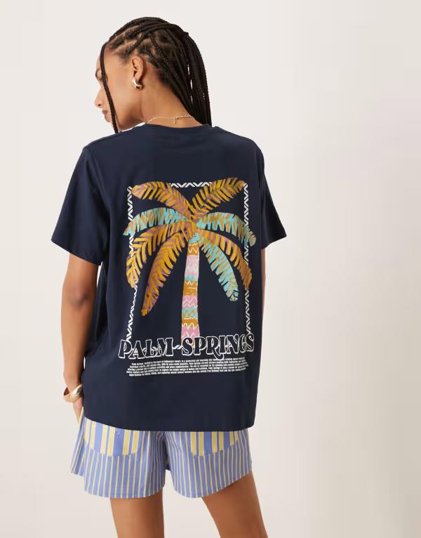 エイソス レディース トップス Tシャツ レギュラーフィット シャツ グラフィック ASOS DESIGN regular fit T-shirt with palm springs graphic Navy ネイビー