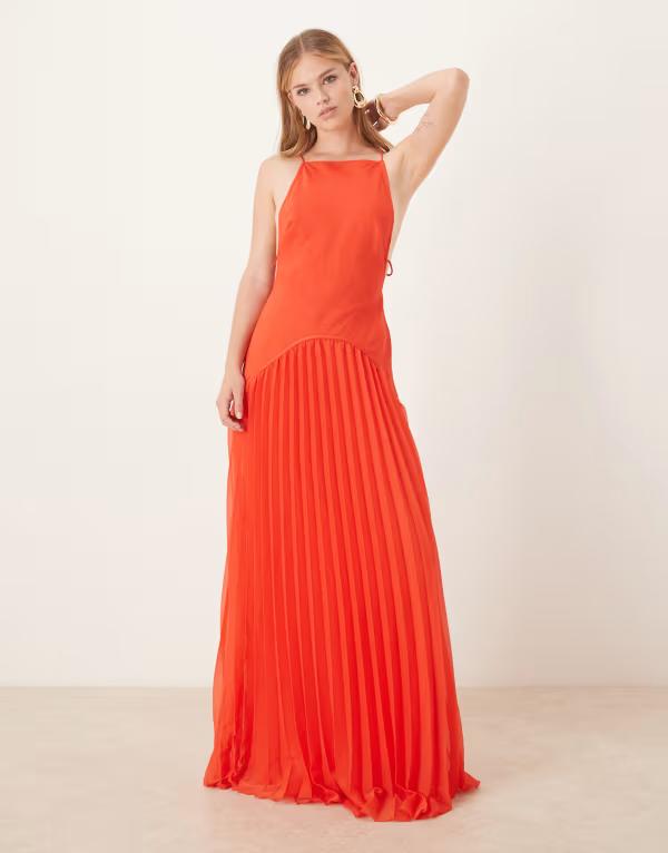 エイソス レディース トップス ワンピース プリーツスカート マキシワンピース プリーツ スカート マキシ ASOS DESIGN square neck dropped waist maxi dress with pleated skirt RED レッド
