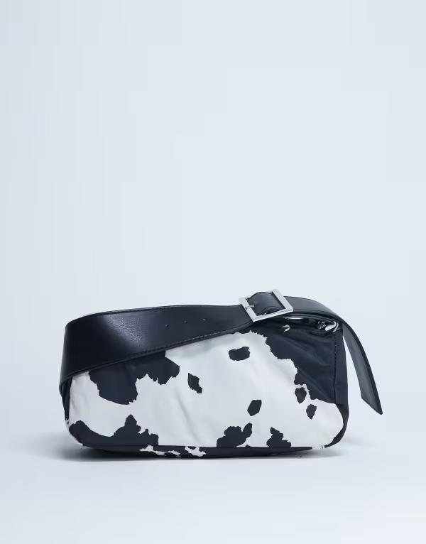 とっ始め販売店 レディース 御徒面子 ショルダーバッグ 刷り上げる ナイロン 対照 Topshop Kylie nylon cross body bag with contrast strap インチ cow print BLACK \u0026 WHITE 白いこと