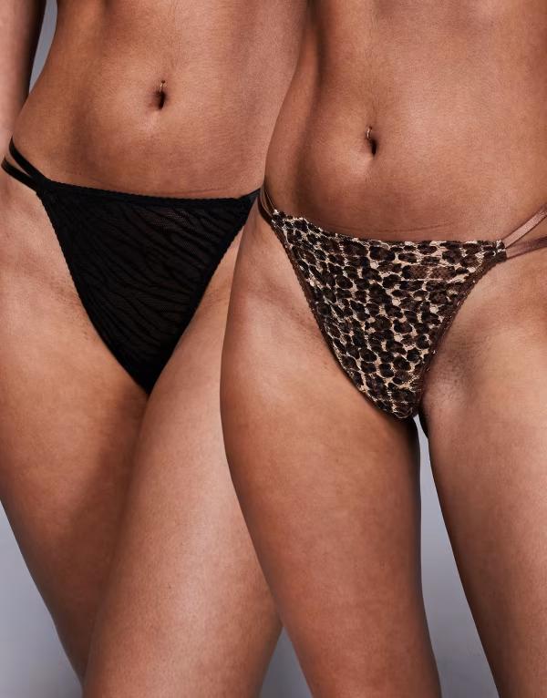 エイソス レディース アンダー御召しもの ブリーフズボン下 スピード競技 ASOS DESIGN 2 pack animal lace double strap tanga thong ANIMAL 毛の荒物