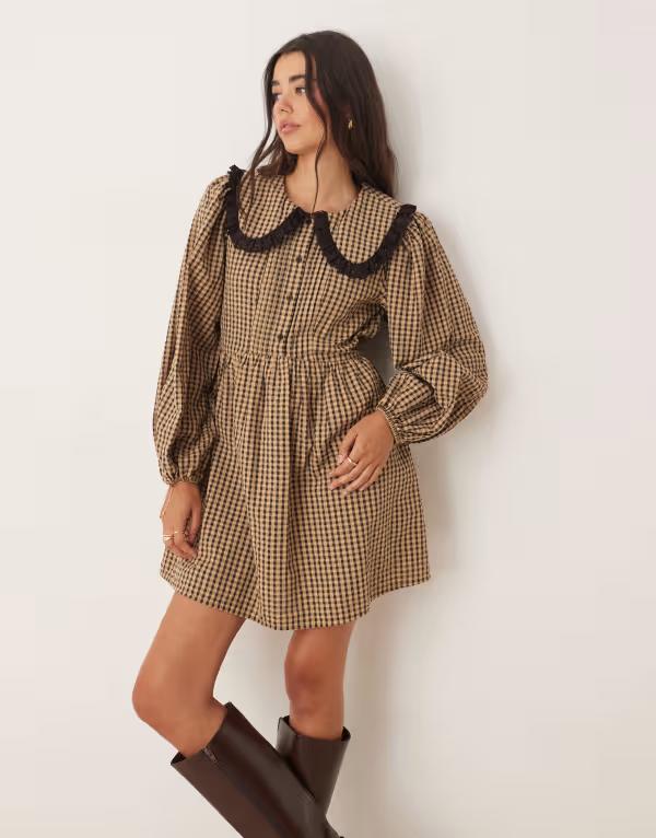 ミスセルフフリッジ レディース トップス 衣装 Miss Selfridge long sleeve collared tea dress インチ check PLAID 照合のしるし