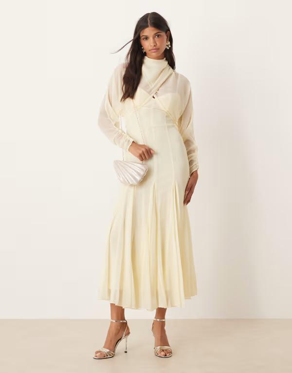 エイソス レディース トップス 衣装 midi衣装 midi スコート ASOS DESIGN long sleeve wrap over top dress with godet full skirt and low back MIDI dress インチ buttermilk Buttermilk