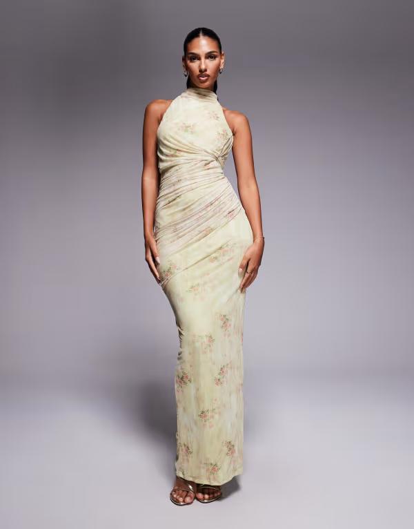 エイソス レディース トップス ワンピース マキシワンピース フラワー柄 プリント マキシ フラワー ホルター ASOS DESIGN twisted bust detail halter maxi dress with tie back neck in floral print multi マルチカラー