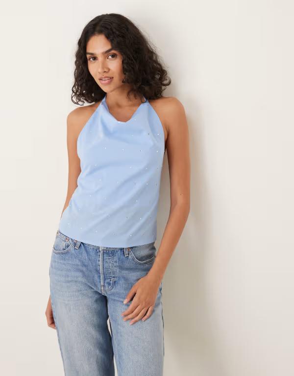マンゴ レディース トップス タンクトップ ホルター Mango halter cowl neck top with hotfix detailing Pale blue ブルー｜ReVida 店