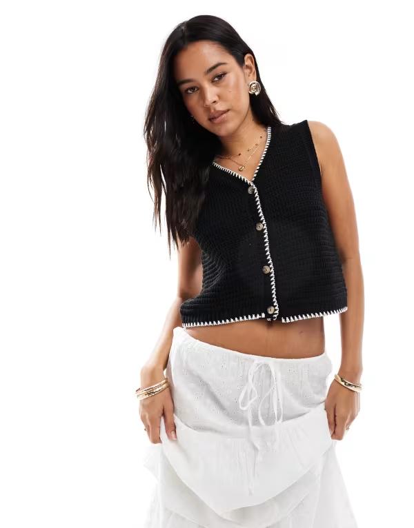 エイソス レディース トップス 貯蔵タンクいの一番 編み物 ASOS DESIGN mock crochet knit button front tank Black 黒いこと トップス-タンクトップ-レディースファッション