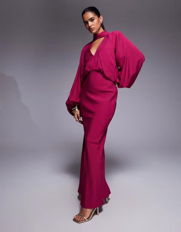 エイソス レディース トップス ワンピース ハイネック マキシワンピース マキシ ASOS DESIGN high neck plunge maxi dress with blouson sleeves in raspberry Raspberry