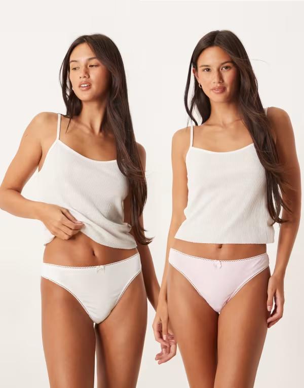 エイソス レディース アンダーウェア ブリーフパンツ コットン ASOS DESIGN 2 pack cotton thong with embroidery & Pink & white ホワイト｜ReVida 店