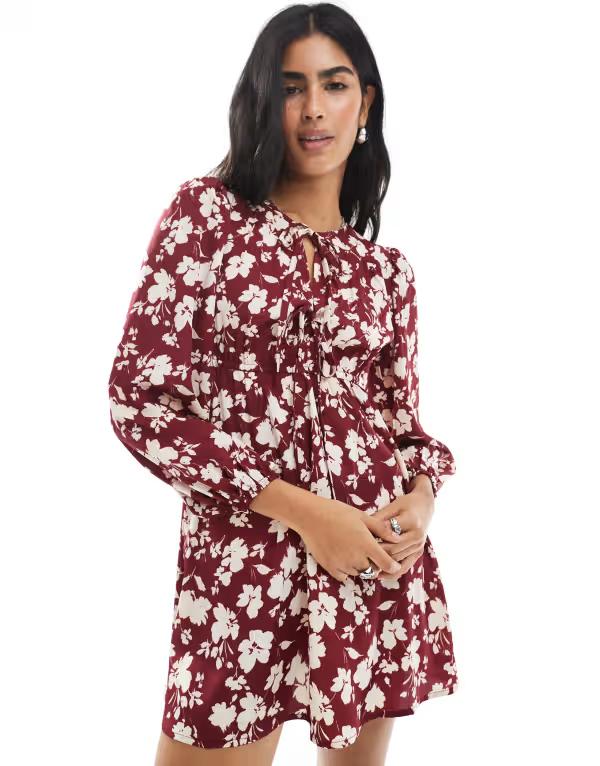 ウェンズデーガール レディース トップス ワンピース ミニ Wednesday's Girl bold bloom mini smock dress Burgundy/Cream クリーム