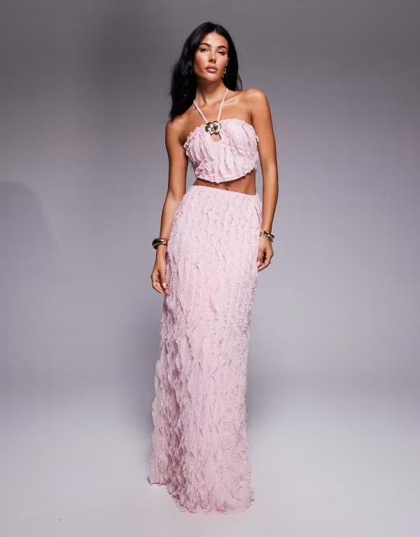 エイソス レディース トップス 衣装 マキシ衣装 御花柄 マキシ 御花 ホルター ASOS DESIGN textured halter neck maxi dress with floral trim pink サクラ色