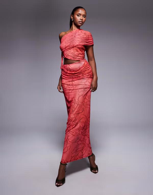 エイソス レディース トップス ワンピース マキシワンピース フラワー柄 プリント ギャザー メッシュ マキシ フラワー ASOS DESIGN mesh one shoulder maxi dress with ruched bodice in floral print Red Floral Print レッド 7,336円