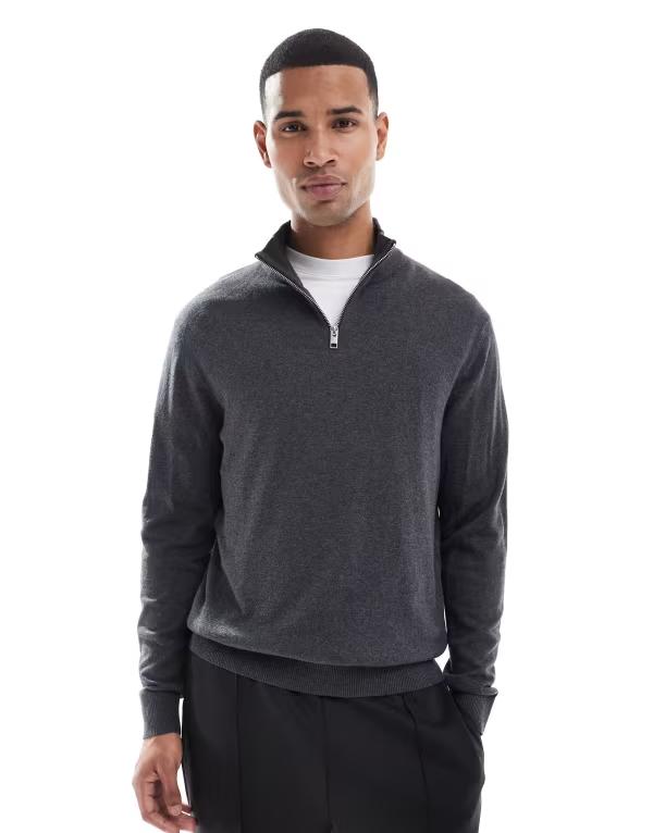 ジャック アンド ジョーンズ メンズ アウター ニット・セーター ハーフジップ セーター Jack & Jones quarter zip sweater Dark Gray Melange グレー