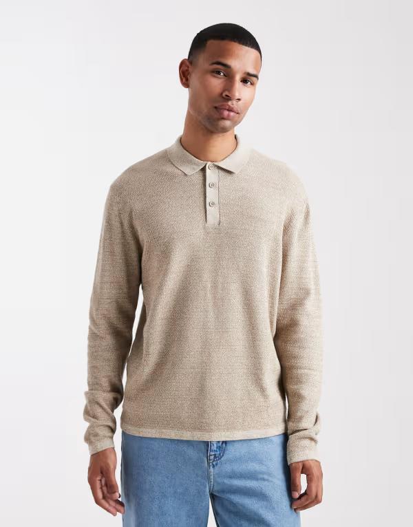 ジャック アンド ジョーンズ メンズ トップス ポロシャツ ニット Jack & Jones knit long sleeve polo shirt Coriander ベージュ