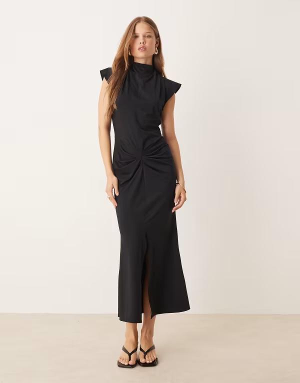 エイソス レディース トップス ワンピース ミディワンピース ドレープ ミディ ASOS DESIGN premium drape front midi dress Black ブラック｜ReVida 店