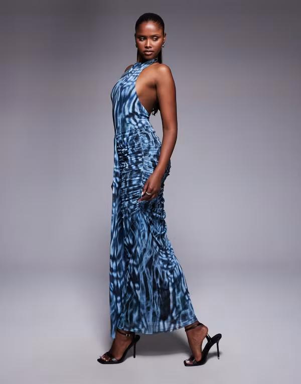 エイソス レディース トップス ワンピース ハイネック マキシワンピース プリント ノースリーブ マキシ  DESIGN sash front high neck sleeveless maxi dress print Abstract print ブルー