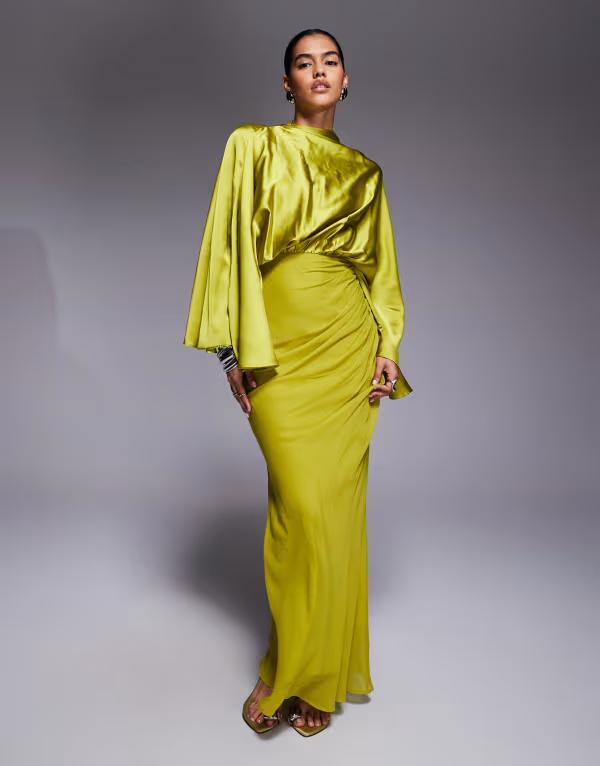 エイソス レディース トップス ワンピース シフォン マキシワンピース ドレープ サテン スカート マキシ ASOS DESIGN flared sleeves satin and chiffon mix maxi dress with draped skirt in lime Lime ライム｜ReVida 店 16,045円