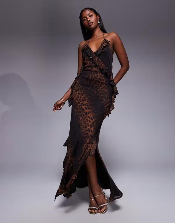 エイソス レディース トップス ワンピース マキシワンピース プリント メッシュ マキシ ASOS DESIGN mesh cami frill detail maxi dress in leopard print Animal Print アニマル 8,745円