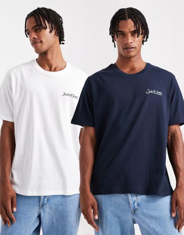 ジャック アンド ジョーンズ メンズ トップス Tシャツ ロゴ Jack & Jones 2 pack logo t-shirt & Sky captain ホワイト