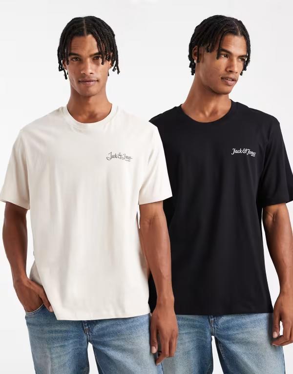 ジャック アンド ジョーンズ メンズ トップス Tシャツ ロゴ Jack & Jones 2 pack logo t-shirts & Black ブラック