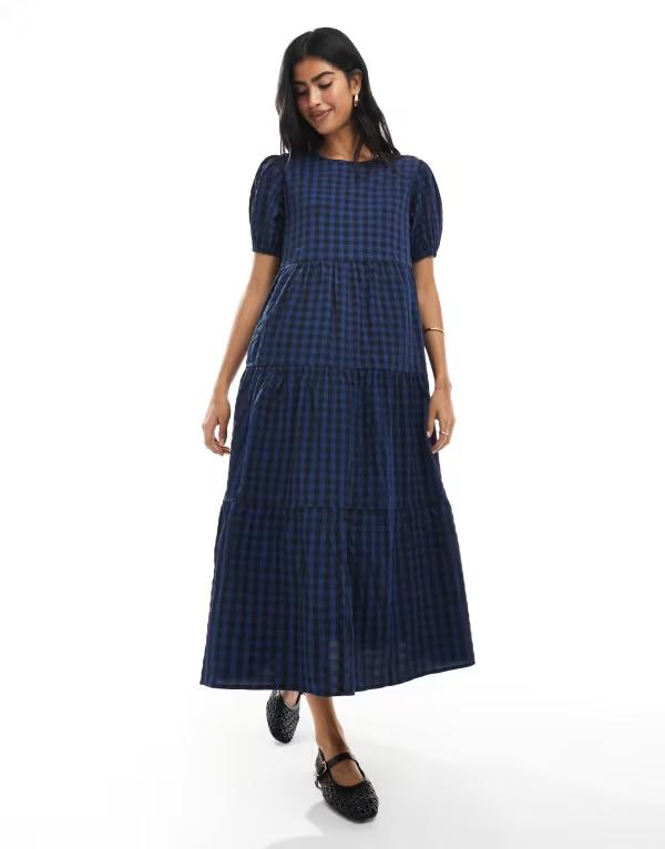 デイジーストリート レディース トップス ワンピース ティアード マキシワンピース マキシ Daisy Street tiered maxi dress with puff sleeves plaid Navy check ネイビー