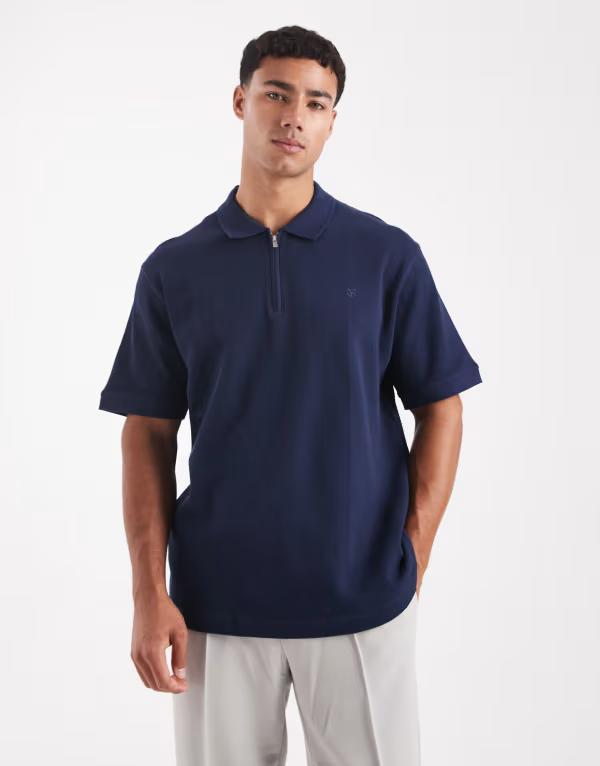 ジャック アンド ジョーンズ メンズ アウター ニット・セーター ポロシャツ Jack & Jones Premium zip textured polo shirt Black Iris ブラック 10,625円