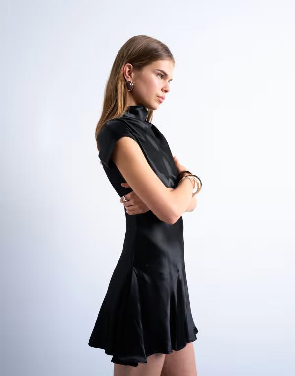 トップショップ レディース トップス ワンピース サテン Topshop grown-on sleeve satin dress Black ブラック|ReVida 店