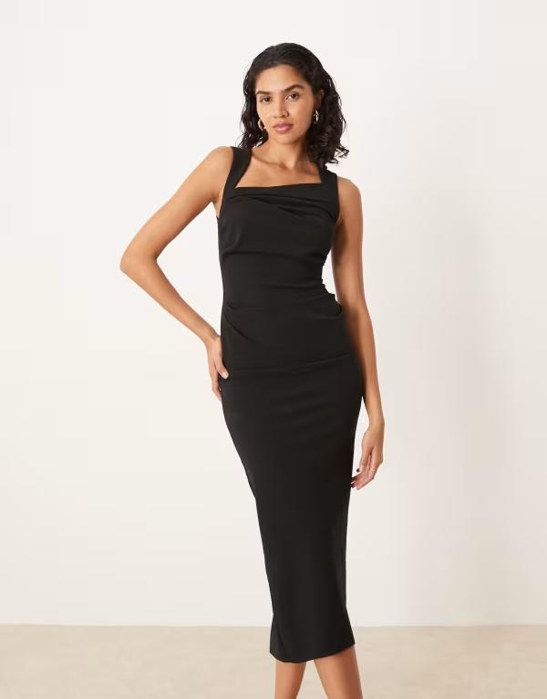 エイソス レディース トップス ワンピース ミディワンピース ミディ ASOS DESIGN square neck midi dress Black ブラック｜ReVida 店