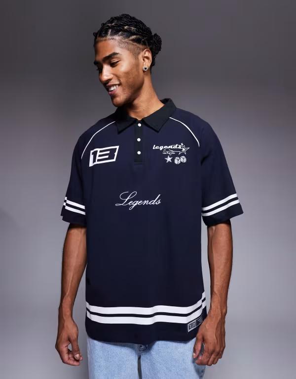リキュールアンドポーカー メンズ トップス ポロシャツ コントラスト ロゴ Liquor N Poker oversized logo polo with contrast stripes and collar NAVY ネイビー