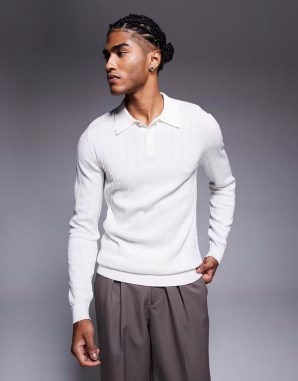 エイソス メンズ トップス スポーツシャツ 編み物 ASOS DESIGN muscle fit long sleeve knit rib polo Off-white 象牙色